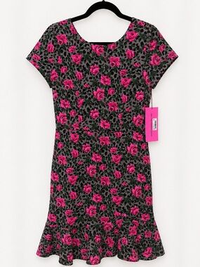 Betsey Johnson Rose Floral Dress Scuba Mini Ruffle Leopard Bodycon